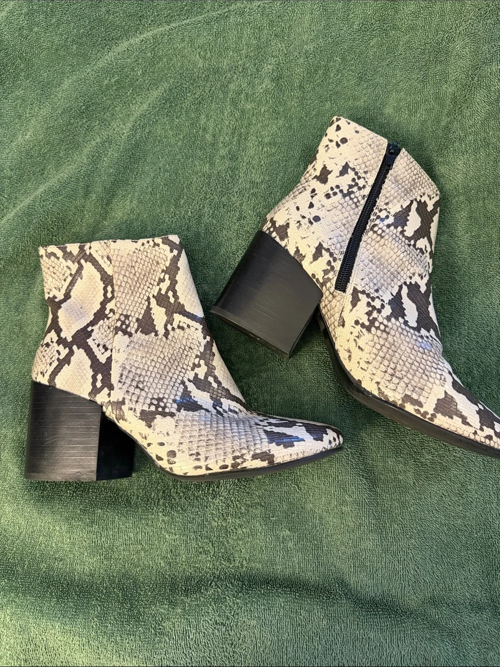 Snake-Print Ankle Booties in Cream and Black with Block Heel